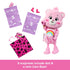 Barbie Cutie Reveal Care Bears unboxing display with doll in pink bear costume, two purple surprise bags, mini Care Bear figure, pink boots, skirt, and accessories.