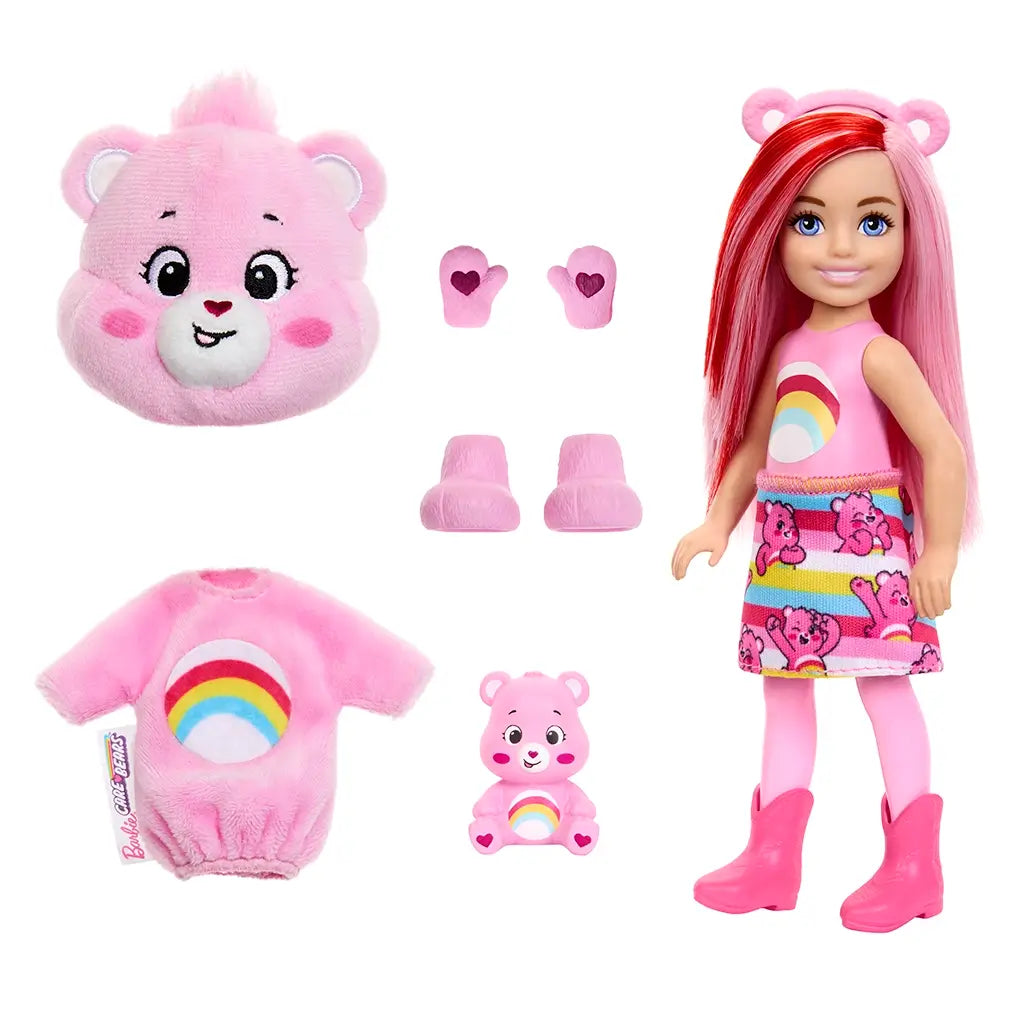 Barbie Cutie Reveal Care Bears set with small doll wearing rainbow top, pink bear costume pieces, plush head, skirt, boots, mittens, and matching mini Care Bear figure.