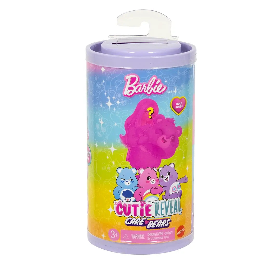 Barbie Cutie Reveal Care Bears toy packaging in a tall cylindrical tube with rainbow gradient background, featuring colorful Care Bear illustrations and mystery doll inside.