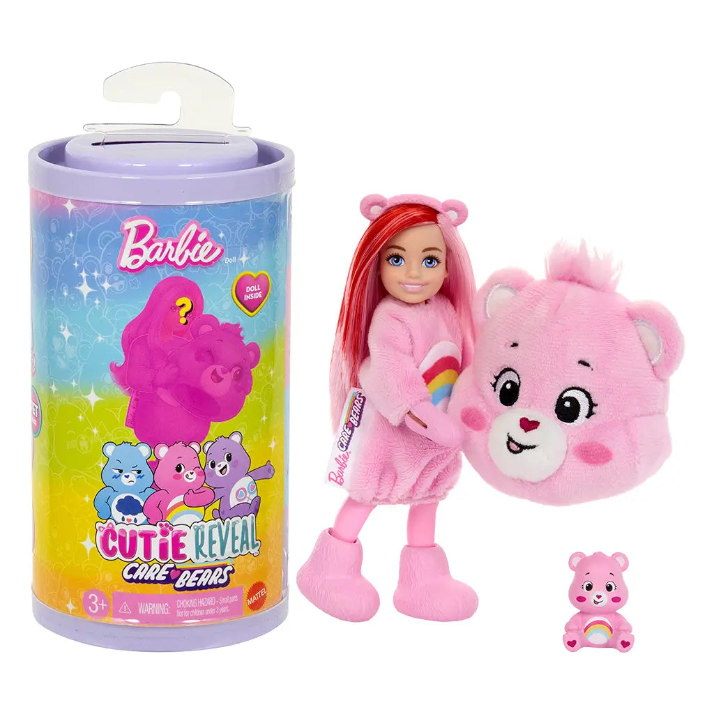 Barbie Cutie Reveal Care Bears doll dressed in pink bear costume with plush head and matching mini Care Bear, displayed beside colorful rainbow packaging tube.