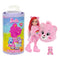 Barbie Cutie Reveal Care Bears doll dressed in pink bear costume with plush head and matching mini Care Bear, displayed beside colorful rainbow packaging tube.