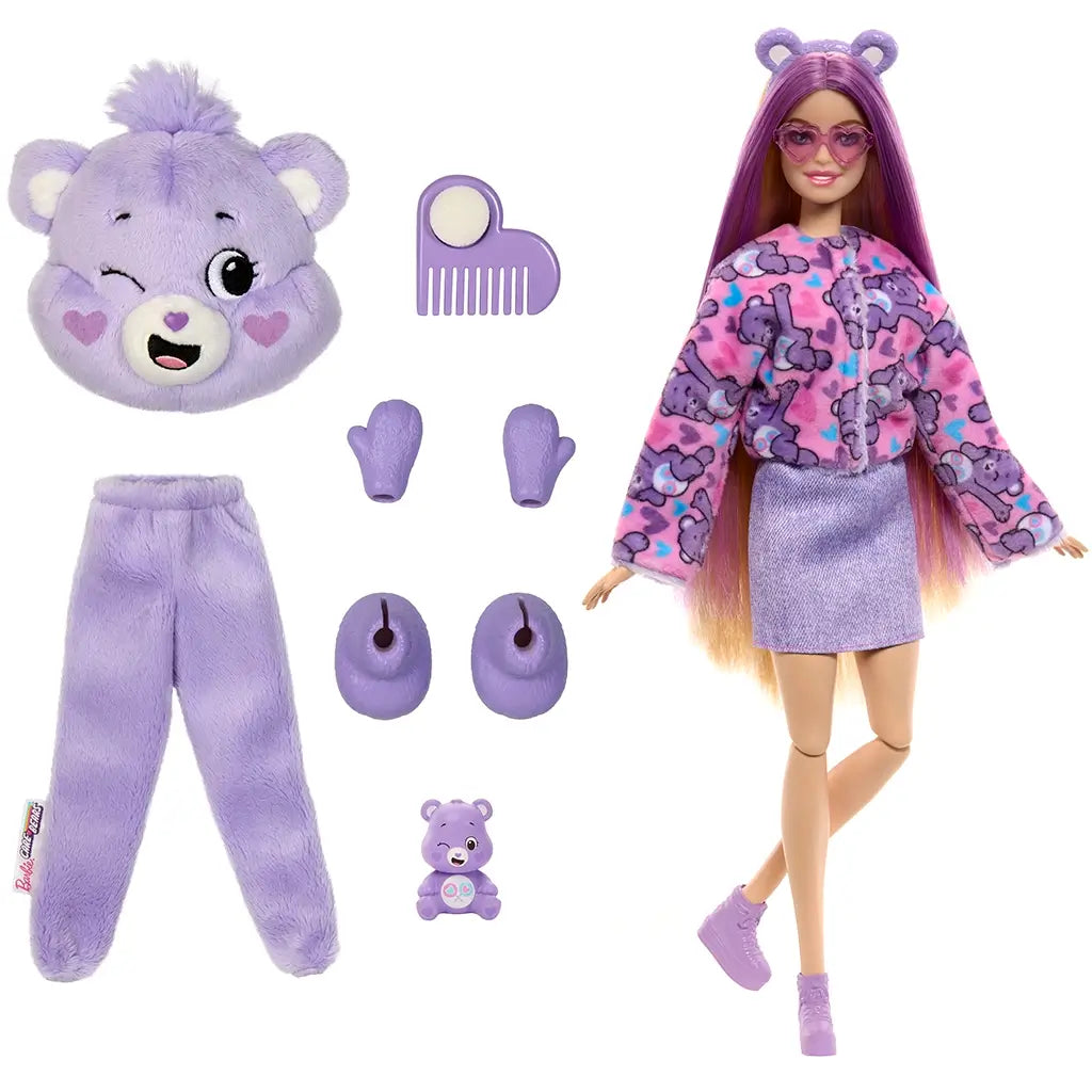Barbie doll in a colorful Care Bears jacket with purple skirt, surrounded by plush bear costume pieces, comb, shoes, mittens, and small bear figurine.
