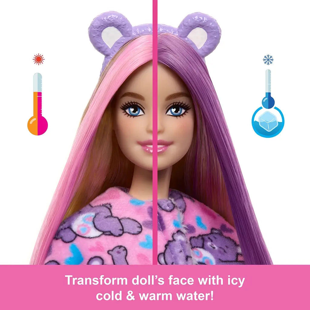 Barbie doll face transformation feature showing hair and makeup change with icy cold and warm water, wearing purple bear ears and pink-purple hair.