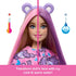 Barbie doll face transformation feature showing hair and makeup change with icy cold and warm water, wearing purple bear ears and pink-purple hair.