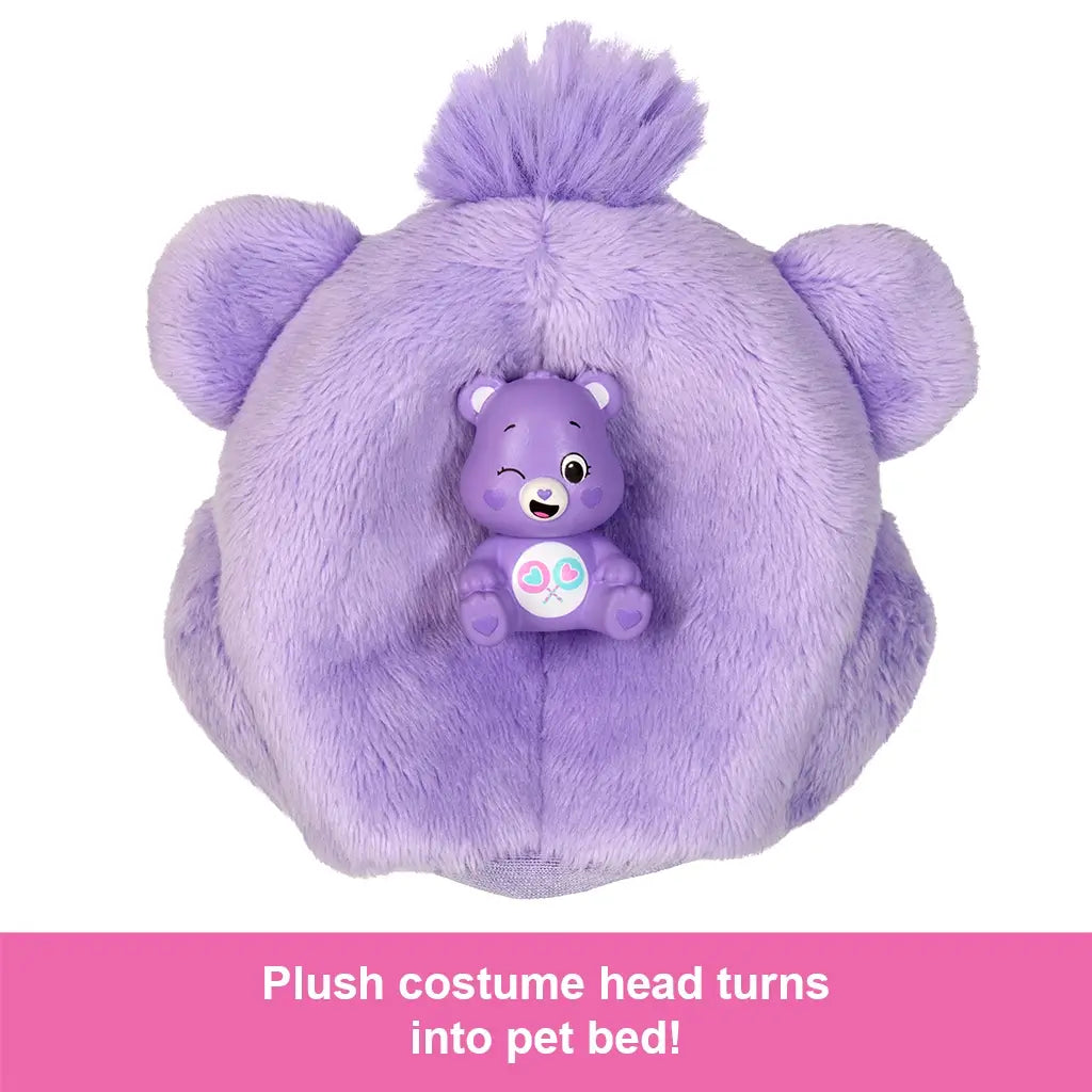 Plush purple Care Bears costume head transformed into a cozy pet bed, with a small matching bear figurine sitting inside, perfect for imaginative play.