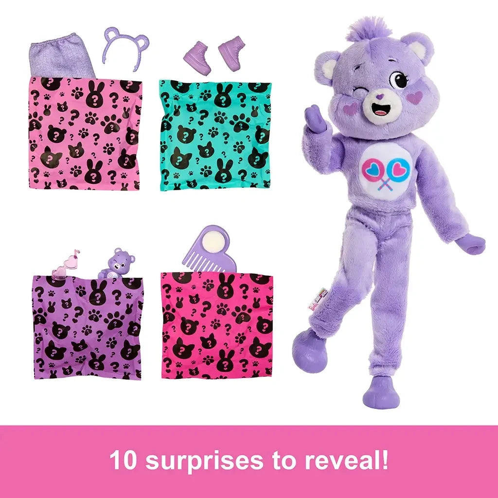 Barbie Cutie Reveal set featuring 10 surprise accessories, including clothing, shoes, headband, comb, and a plush purple bear costume.