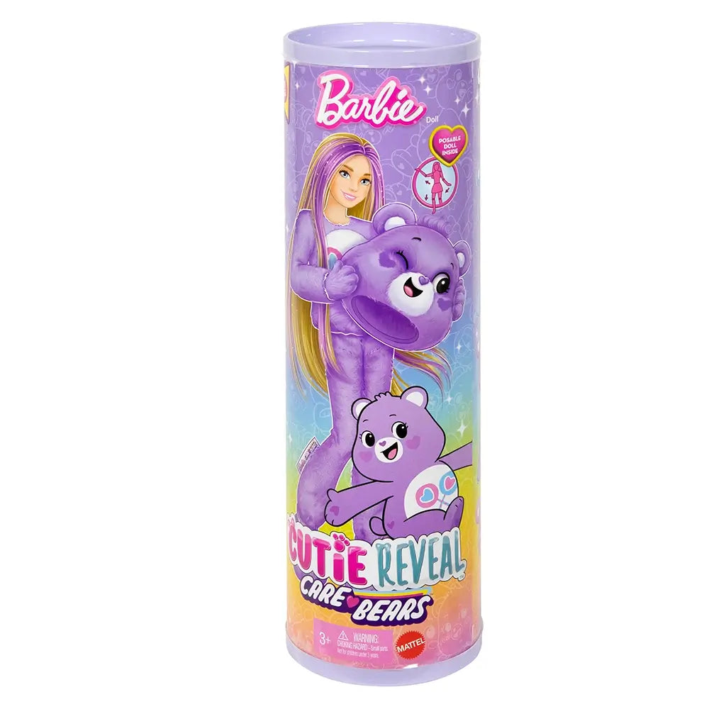 Barbie Cutie Reveal Care Bears Share Bear packaging showing illustrated Barbie in a plush purple bear costume, with matching small bear character.