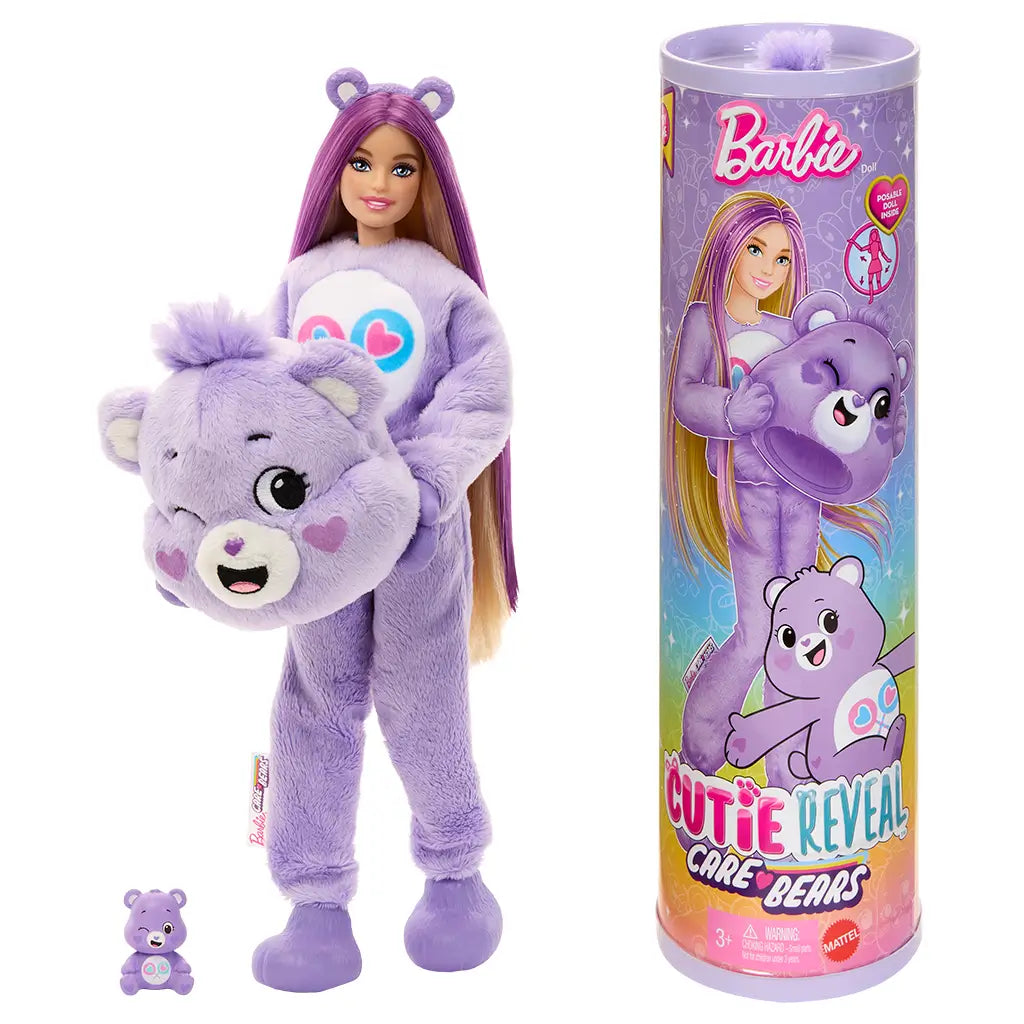 Barbie dressed in a full-body plush purple Care Bears costume holding the bear head, with matching small bear figurine beside her.