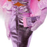 Close-up of Barbie Deluxe doll’s metallic pink dress with ruched details, paired with matching long velvet gloves, and holding a pink money-themed fun clutch accessory.