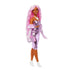 Barbie Deluxe doll with long pink hair in a metallic pink ruched dress, white boots, matching long gloves, and holding a pink money-themed clutch.