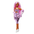 Barbie Deluxe doll with pink hair styled in waves, wearing a metallic pink ruched dress, matching gloves, white boots, and holding a pink clutch.