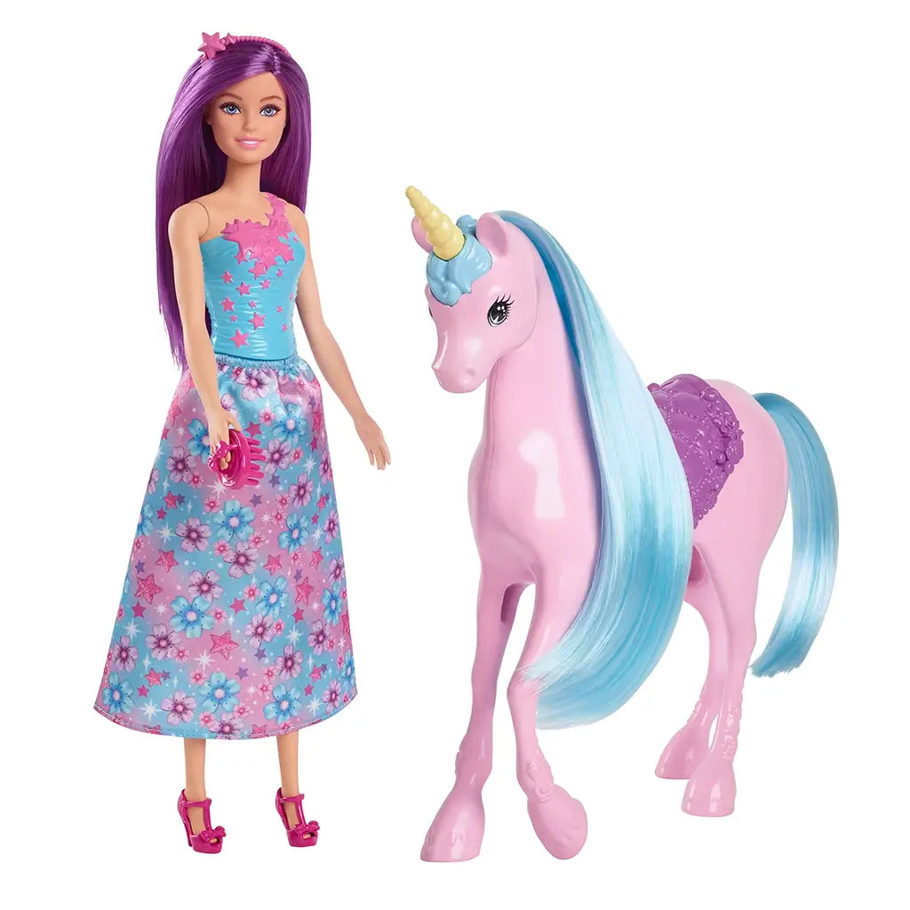 Barbie doll with long purple hair wearing a floral dress stands beside a glossy pink unicorn toy with blue mane and yellow horn, perfect for magical pretend play adventures.