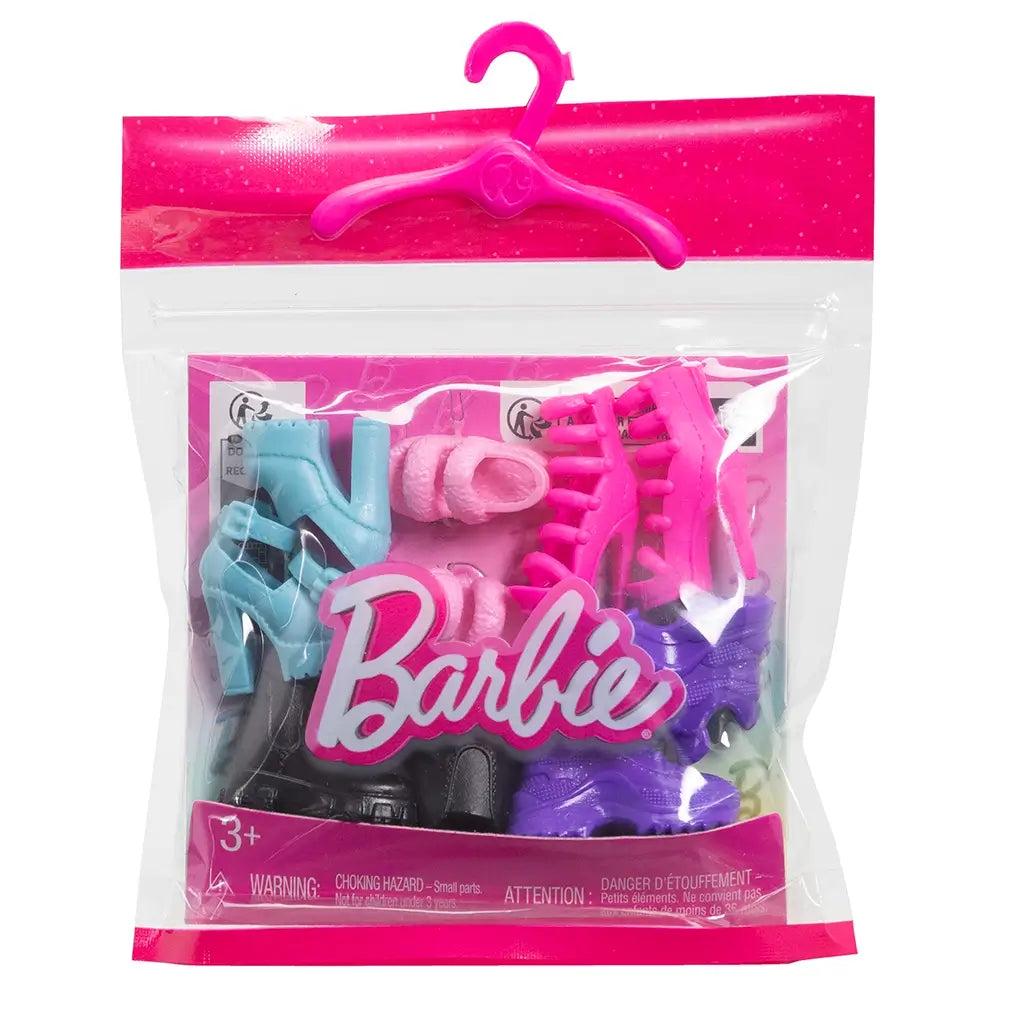 Front of Barbie doll shoes accessory pack featuring assorted colorful footwear styles inside a resealable bag with pink hanger and Barbie branding.