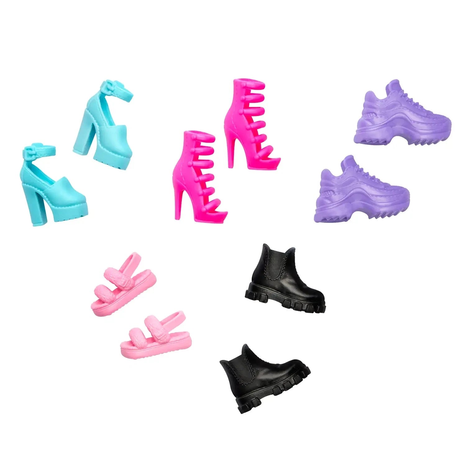 Assorted Barbie doll shoes including high heels, boots, sandals, and sneakers in pink, blue, black, and purple, designed for use with most Barbie dolls.