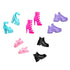 Assorted Barbie doll shoes including high heels, boots, sandals, and sneakers in pink, blue, black, and purple, designed for use with most Barbie dolls.