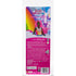 Rear view of Barbie Dreamtopia doll packaging, highlighting the pink-haired doll in a fantasy setting with a rainbow and castle illustration and safety information.