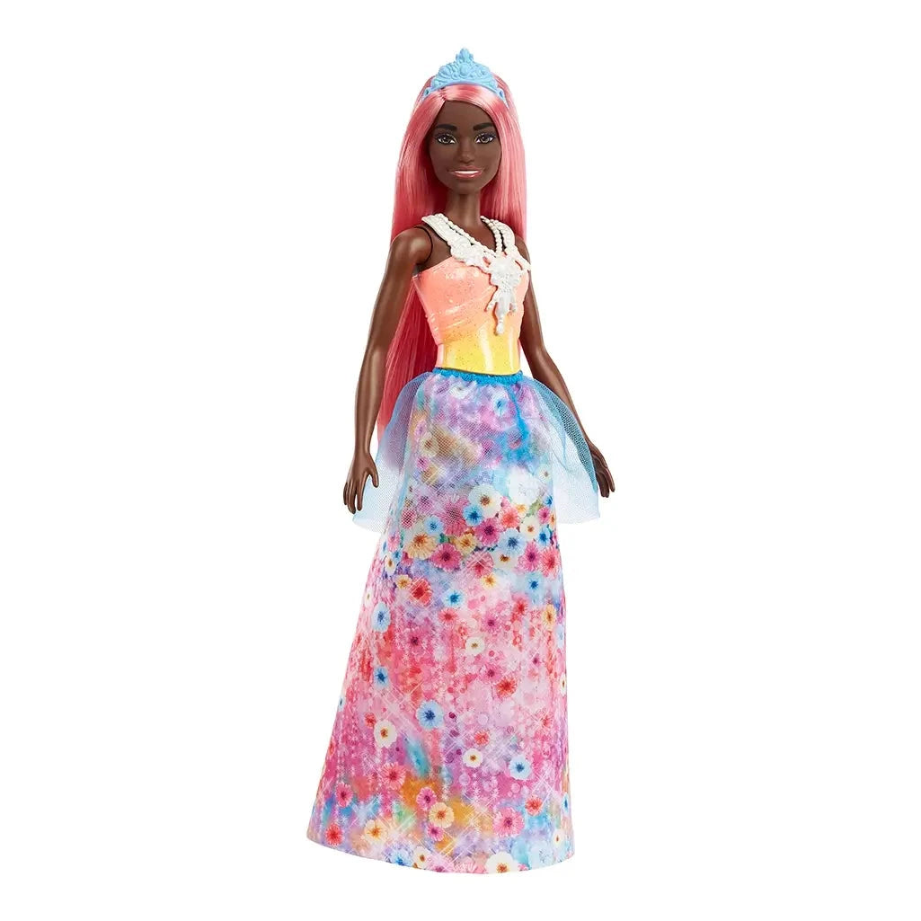 Barbie Dreamtopia doll with long light pink hair, blue tiara, multicolored bodice, and a full rainbow floral skirt designed for magical princess pretend play.