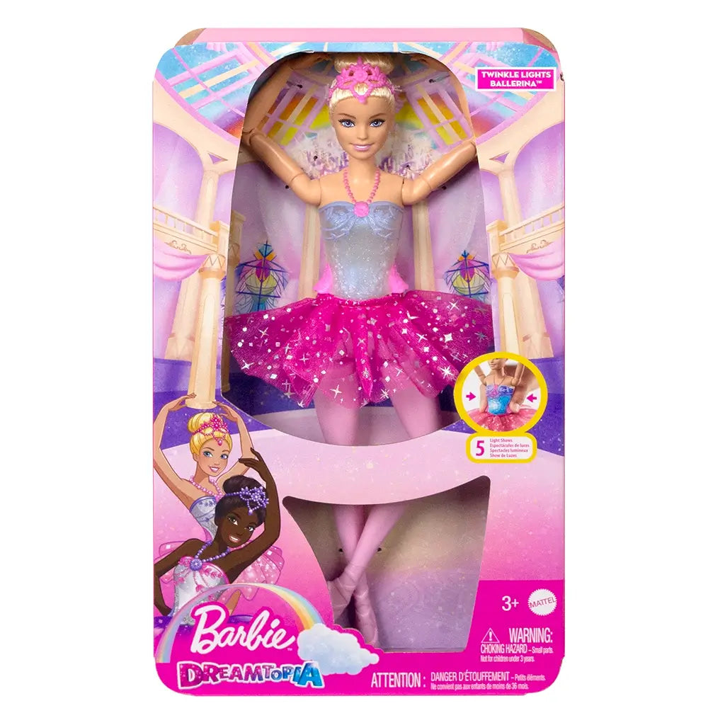 Packaged Barbie Dreamtopia Twinkle Lights Ballerina doll in pink starry tutu and tiara displayed in colorful Dreamtopia box with illustrated ballerinas and stage background.
