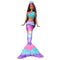 Full view of Barbie Dreamtopia Twinkle Lights Mermaid doll wearing tiara, turquoise top, lilac skirt, and shimmering multicolor light-up tail designed for magical water play.