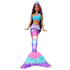 Full view of Barbie Dreamtopia Twinkle Lights Mermaid doll wearing tiara, turquoise top, lilac skirt, and shimmering multicolor light-up tail designed for magical water play.