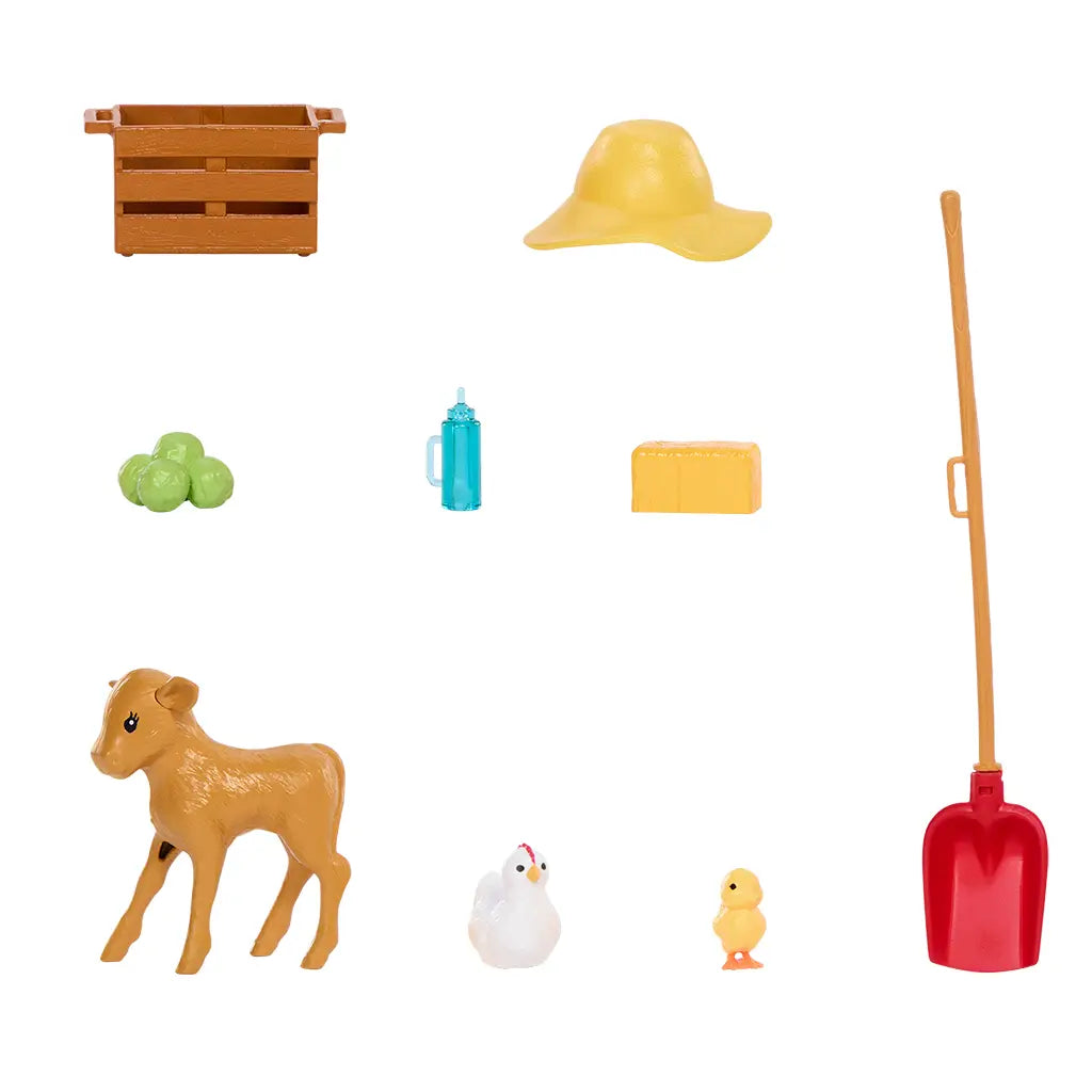 Small toy farm accessories including a wooden crate, yellow sun hat, red shovel, cabbage heads, calf, chicken, chick, hay bale, and water bottle. Detailed toy description for collectors and children ages 3 and up.
