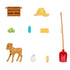 Small toy farm accessories including a wooden crate, yellow sun hat, red shovel, cabbage heads, calf, chicken, chick, hay bale, and water bottle. Detailed toy description for collectors and children ages 3 and up.