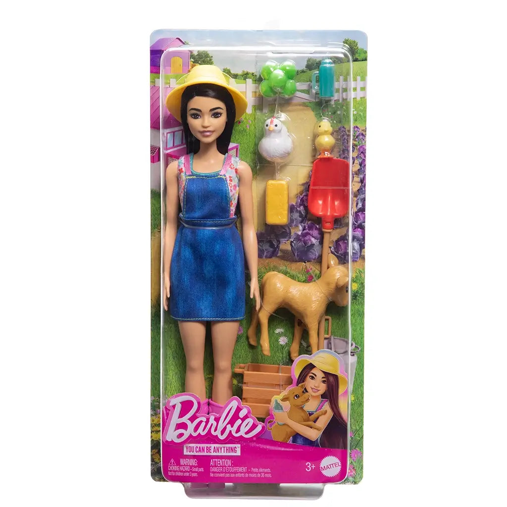 Packaged Barbie You Can Be Anything farmer doll playset with doll, animals, tools, and accessories in bright illustrated farm-themed box. Detailed toy description for collectors and children ages 3 and up.
