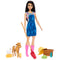 Barbie farmer doll in denim dress and pink boots, holding red shovel, surrounded by toy farm animals, vegetables, hat, and crate accessories. Detailed toy description for collectors and children ages 3 and up.