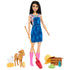 Barbie farmer doll in denim dress and pink boots, holding red shovel, surrounded by toy farm animals, vegetables, hat, and crate accessories. Detailed toy description for collectors and children ages 3 and up.