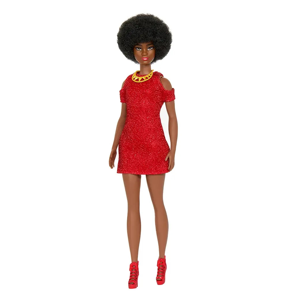 Front view of Barbie Fashionistas #221 doll in sparkly red dress with shoulder cutouts, gold necklace, and matching red lace-up heels, standing with confident posture.