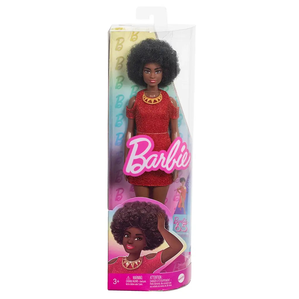 Packaged Barbie Fashionistas #221 doll with black afro hair, gold necklace, and glitter red dress, displayed in clear box with pink Barbie logo and colorful background.