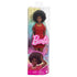 Packaged Barbie Fashionistas #221 doll with black afro hair, gold necklace, and glitter red dress, displayed in clear box with pink Barbie logo and colorful background.