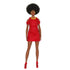Poseable Barbie Fashionistas #221 doll with natural afro, red glitter dress, and lace-up heels, positioned to highlight her stylish fashion and articulated limbs.