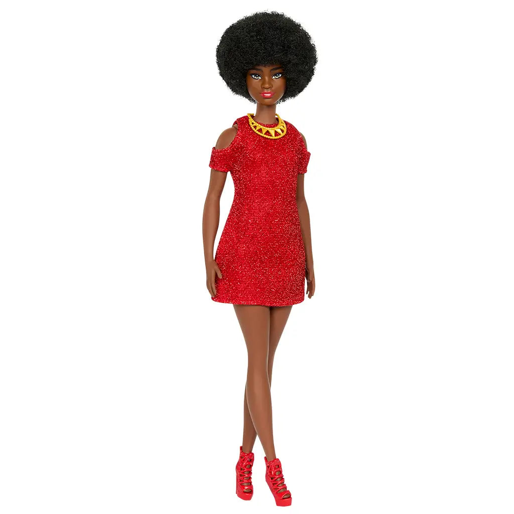 Full-body view of Barbie Fashionistas #221 doll wearing red glitter mini dress, gold statement necklace, and bold red lace-up heels, with voluminous natural black afro hair.