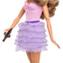 Close-up of Barbie Fashionistas doll outfit featuring a fitted pink top with ruched neckline and a layered purple ruffled skirt with glitter edges, held at the waist with a purple belt.