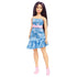 Barbie Fashionistas doll standing upright, wearing a sleeveless denim butterfly-print dress with a pink bow belt, long purple hair, and pink cowboy boots.