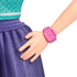 Close-up of Barbie Fashionistas 232 doll showing pink wristwatch accessory paired with pleated purple skirt and teal jersey top with magenta trim.