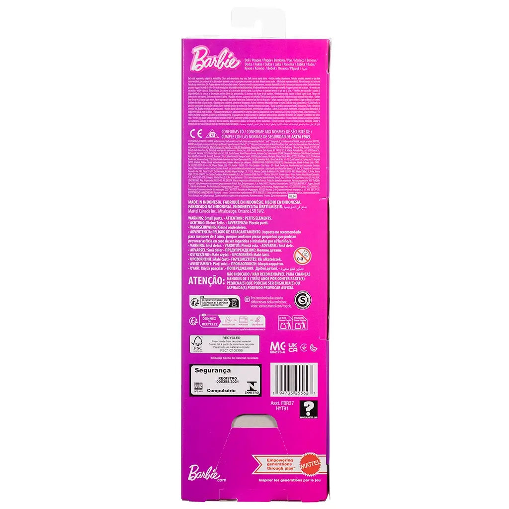Back of Barbie Fashionistas 233 packaging with product details, safety warnings, and manufacturer information printed on a bright pink background.