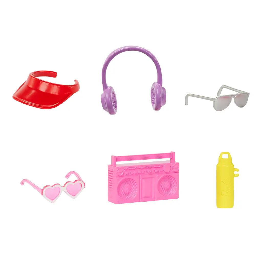 Set of colorful Barbie accessories including a red visor, purple headphones, pink sunglasses, pink boombox, yellow water bottle on a white background.