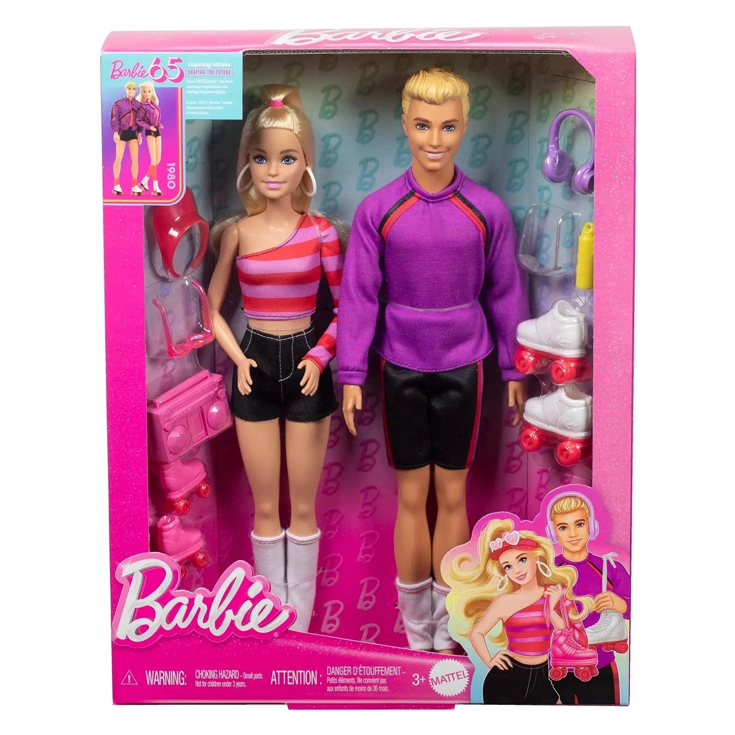 Barbie and Ken dolls in a packaging box with accessories on a white background