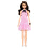Barbie Fashionistas doll 224 front view, with long black hair styled in waves, pink gingham dress with ruffle hem, black bow collar detail, bracelet, and white shoes.