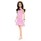 Barbie Fashionistas doll 224 with long black hair, wearing a sleeveless pink gingham dress with ruffle hem, black bow at neckline, bracelet, and white flats.
