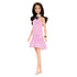 Barbie Fashionistas doll 224 with long black hair, wearing a sleeveless pink gingham dress with ruffle hem, black bow at neckline, bracelet, and white flats.