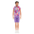 Front view of Barbie Fashionistas Ken doll #227 in sleeveless multicolor swirl hoodie, purple shorts, and white sneakers.