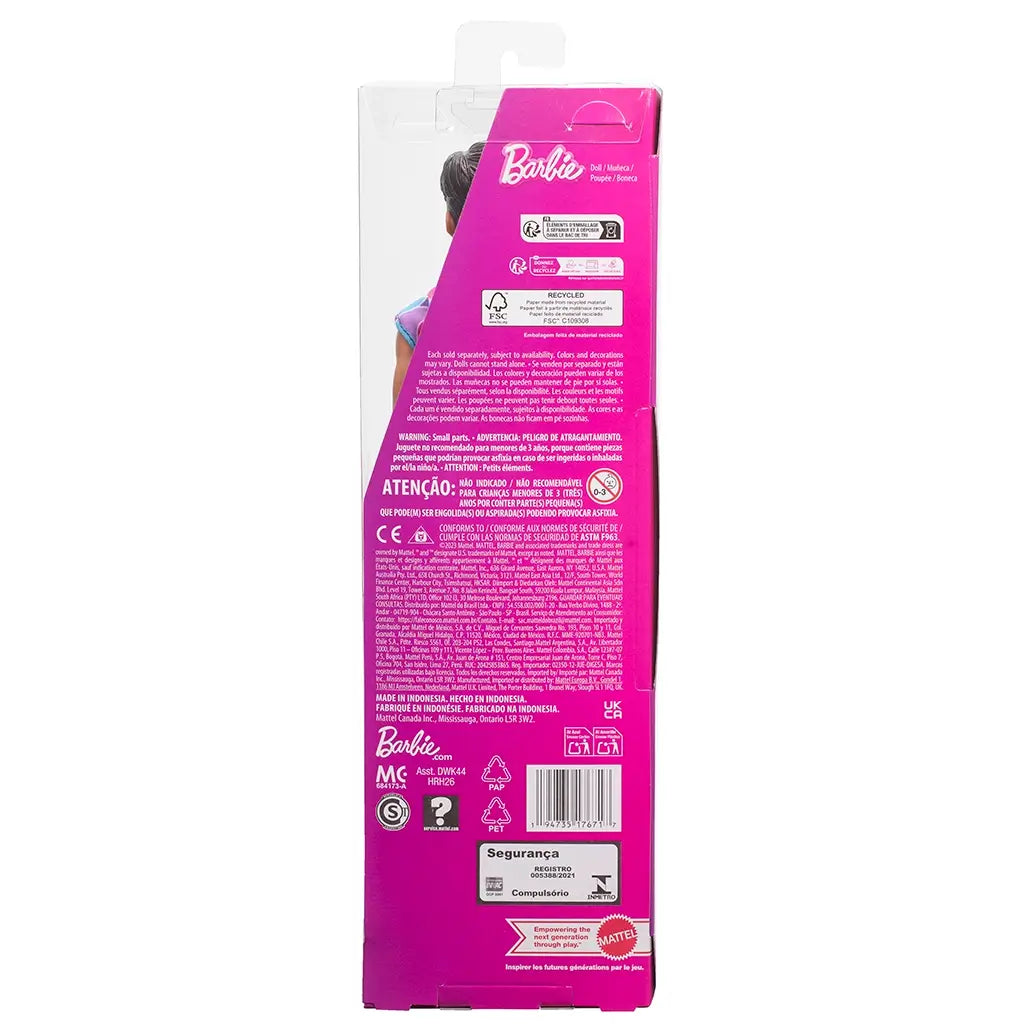Back view of Barbie Fashionistas Ken doll #227 packaging, showing product details, recycling symbols, and multilingual safety information on a pink background.