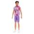 Full-length view of Barbie Fashionistas Ken doll #227 wearing a colorful sleeveless swirl hoodie, purple shorts, and white sneakers.