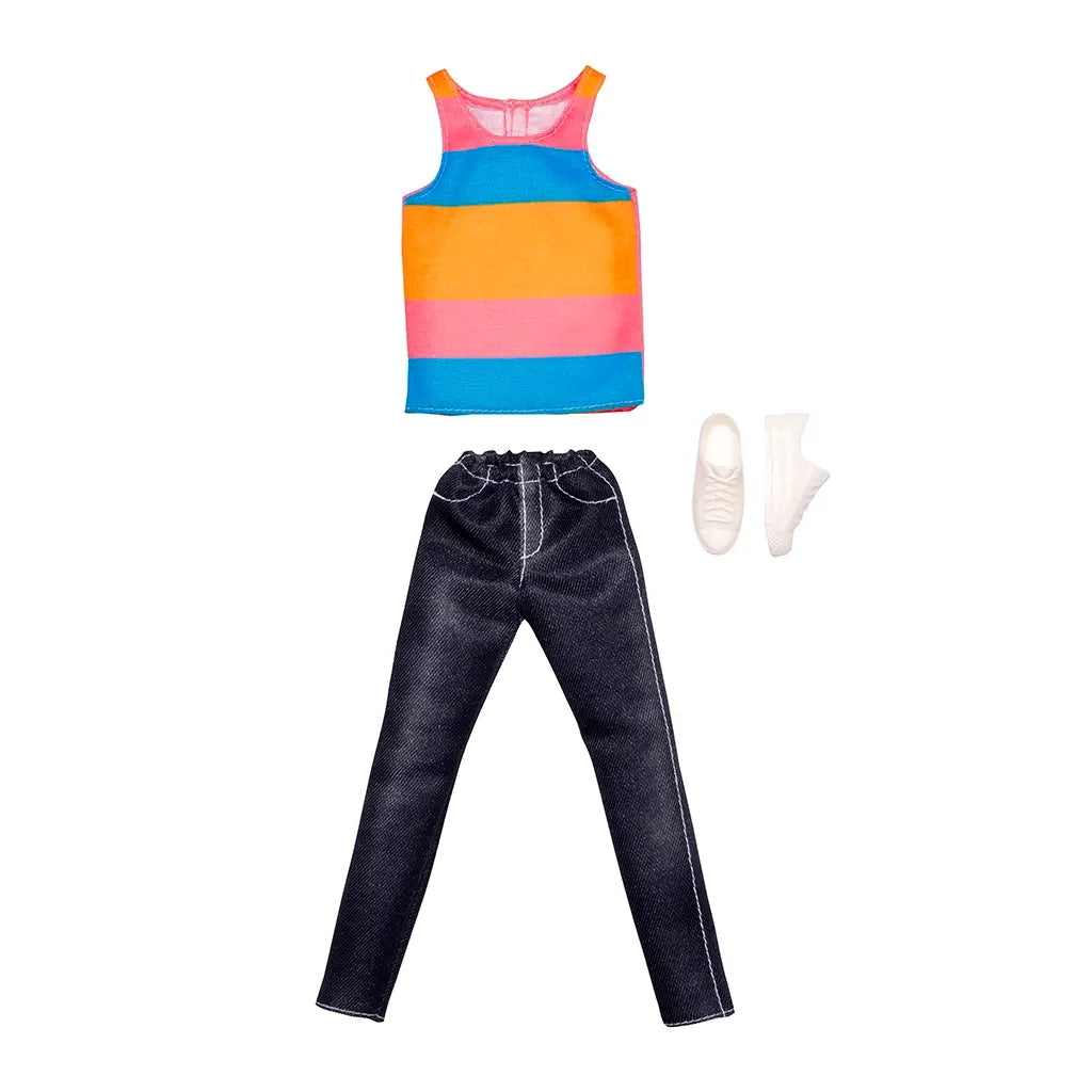 Barbie Ken fashion set with striped tank top in orange, pink, and blue, paired with dark jeans and white sneakers, made for casual doll outfit styling.