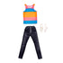 Barbie Ken fashion set with striped tank top in orange, pink, and blue, paired with dark jeans and white sneakers, made for casual doll outfit styling.