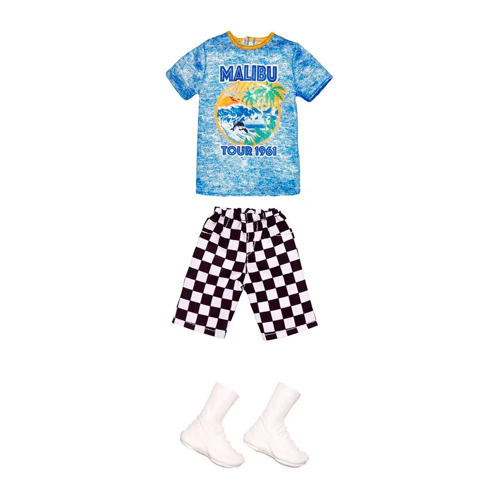 Barbie Ken doll clothing pack with blue “Malibu Tour 1961” graphic tee, black-and-white checkered shorts, and white mid-calf sneakers, designed for summer play styling.