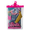 Barbie Ken doll fashion pack in clear pink hanger package with denim jacket featuring pink collar, yellow sleeve, and eco-friendly label, designed for mix-and-match styling.